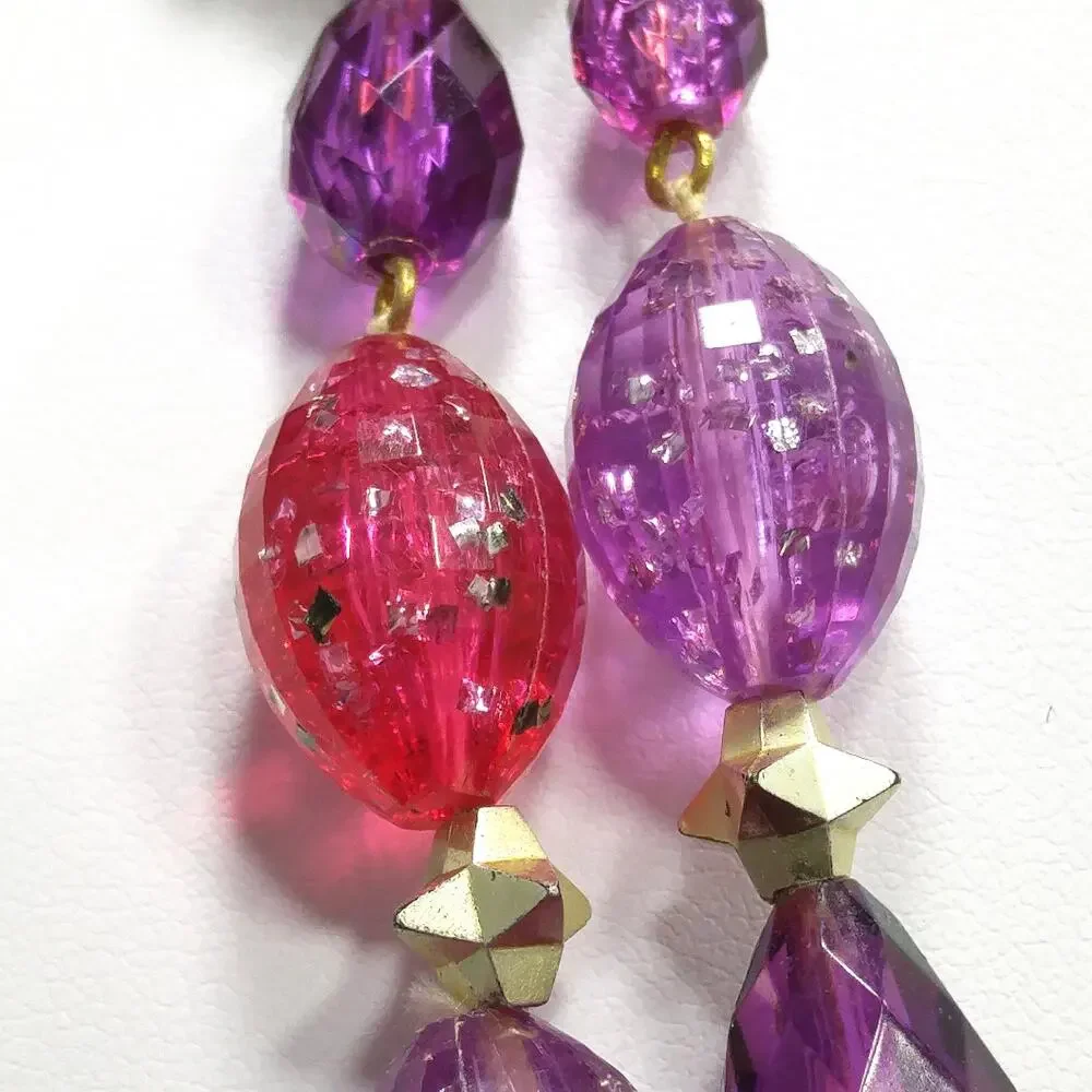 West Germany Glitter Beaded Necklace, Molded Plastic Purple Pink Beads, 1950s